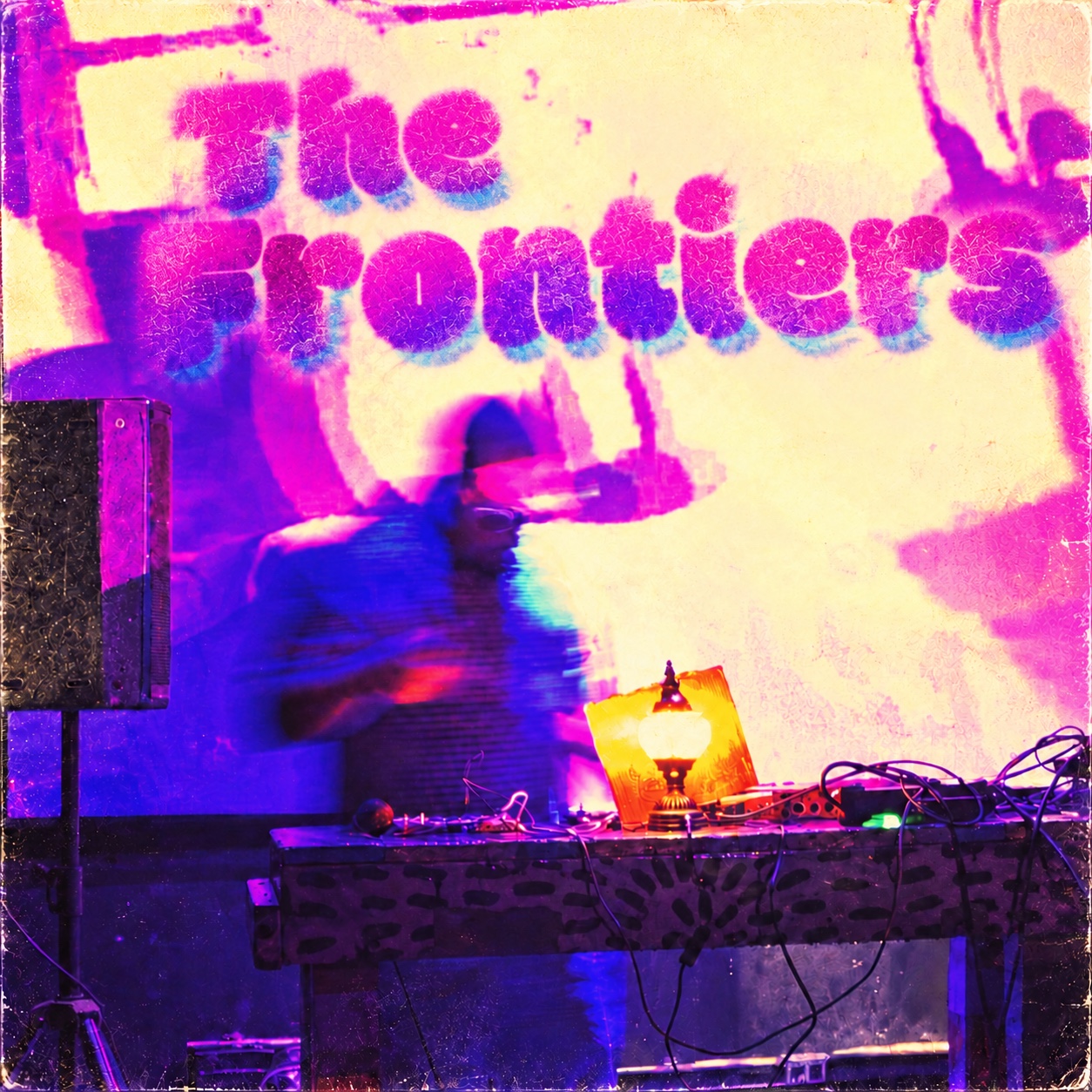 The Frontiers in pink bubble lettering over a violet and cream live performance photograph